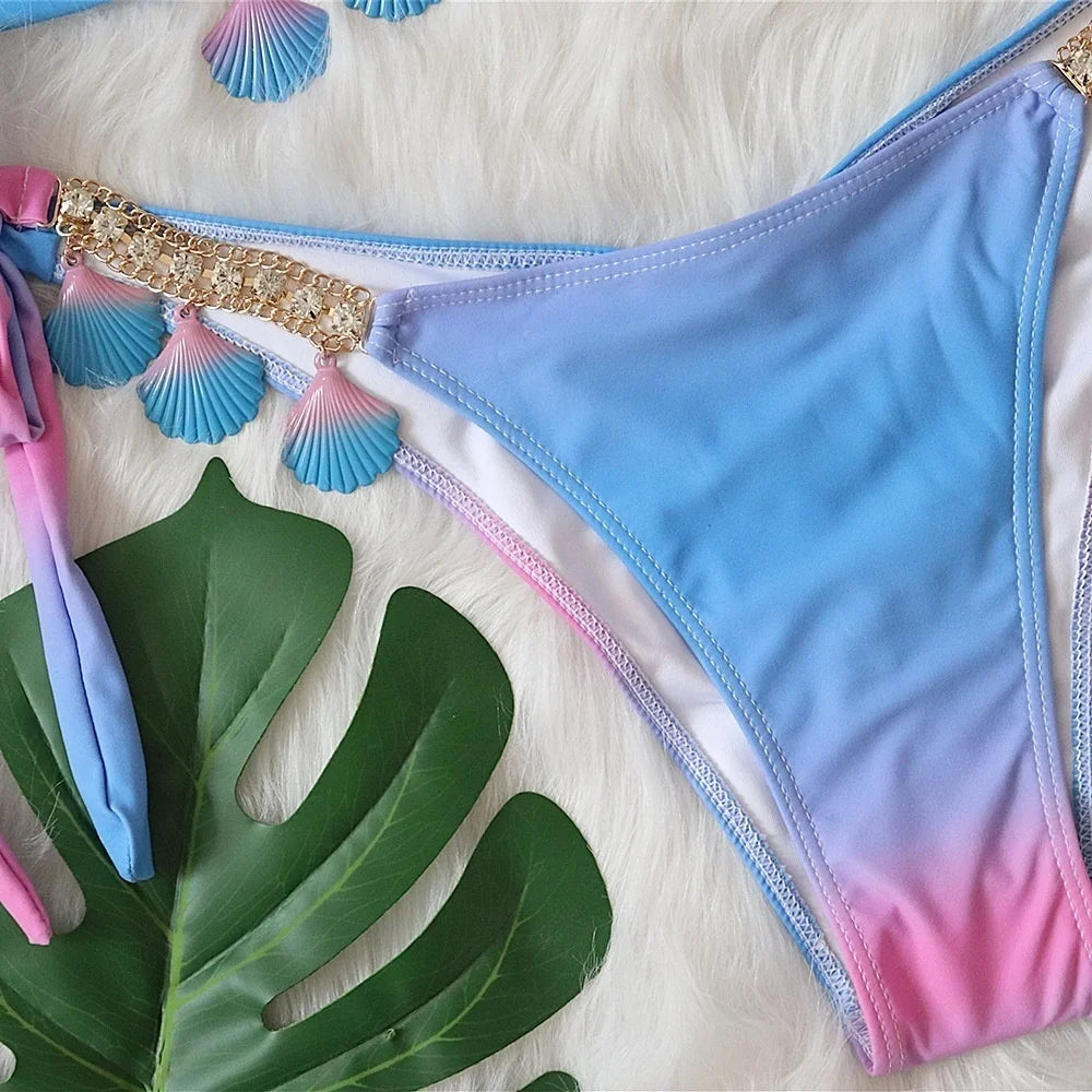 AMEHE Luxury Rhinestone Crystal Two-Piece Thong Bikini Swimsuit