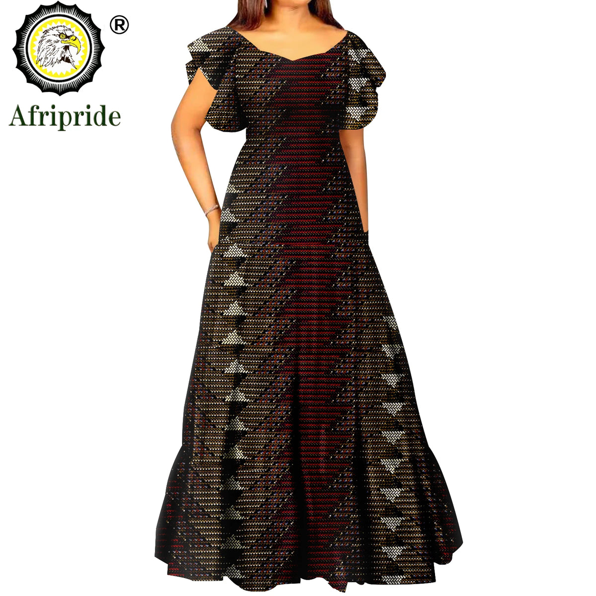 Women’s African Print Maxi Dress – Short Sleeve High Waist Elegant Party & Wedding Attire