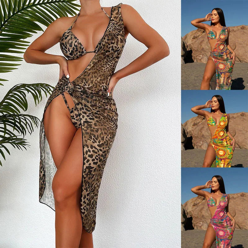 AMEHE 3-Piece Leopard Print Bikini with Mesh Beach Skirt