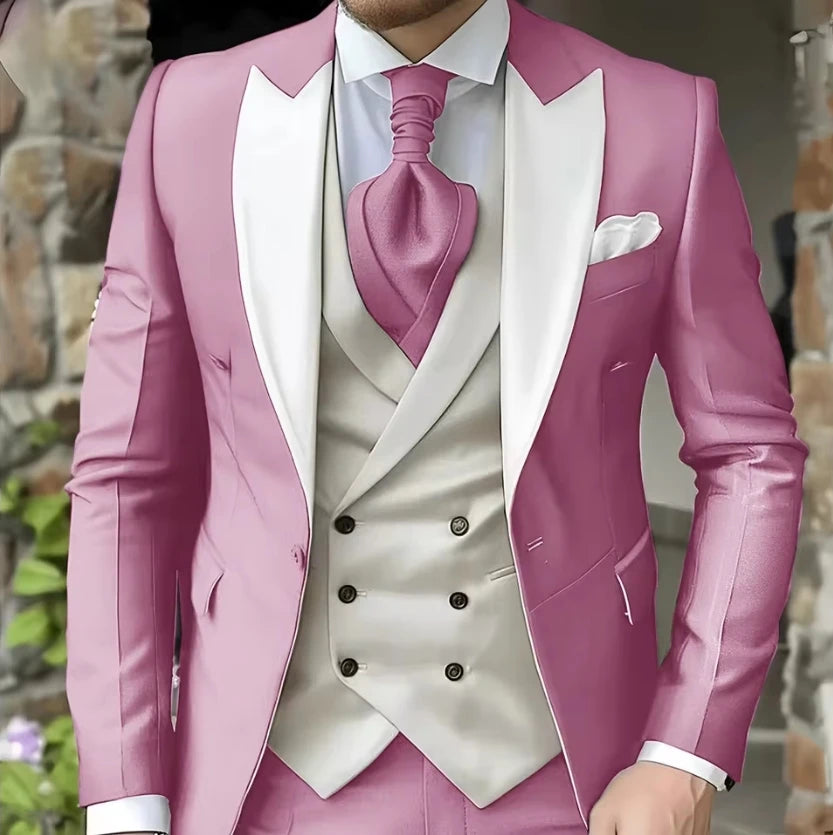 AMEHE Men’s White 3-Piece Tuxedo Suit – Blazer, Vest & Pants