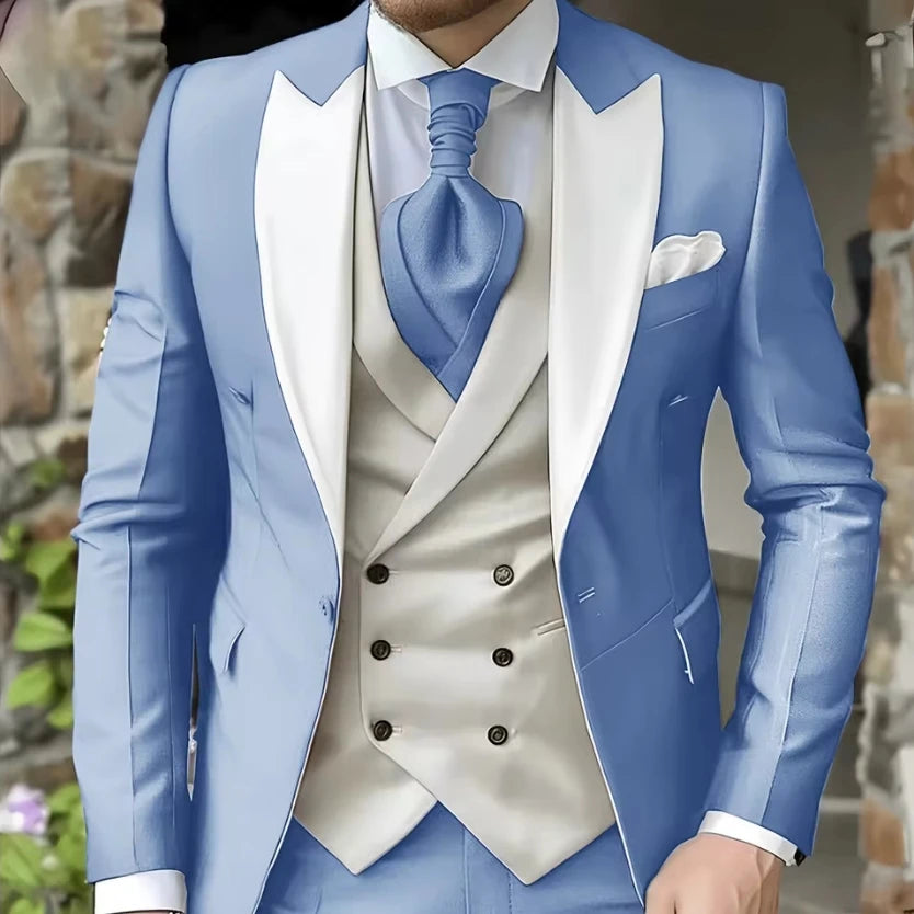 AMEHE Men’s White 3-Piece Tuxedo Suit – Blazer, Vest & Pants