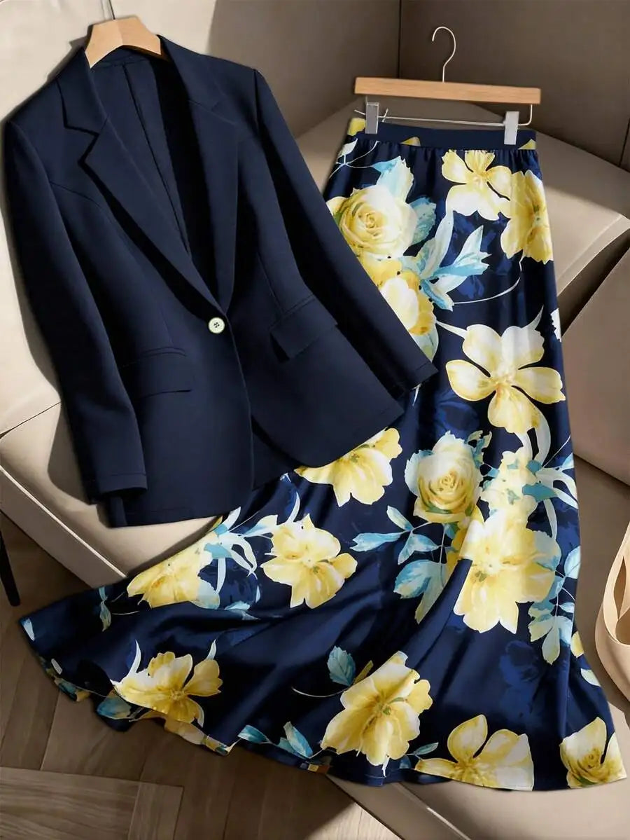 AMEHE Women’s Floral Blazer & A-Line Skirt – 2-Piece Outfit