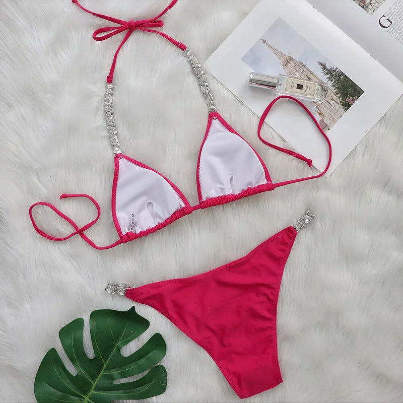 AMEHE Luxury Rhinestone Crystal Two-Piece Thong Bikini Swimsuit
