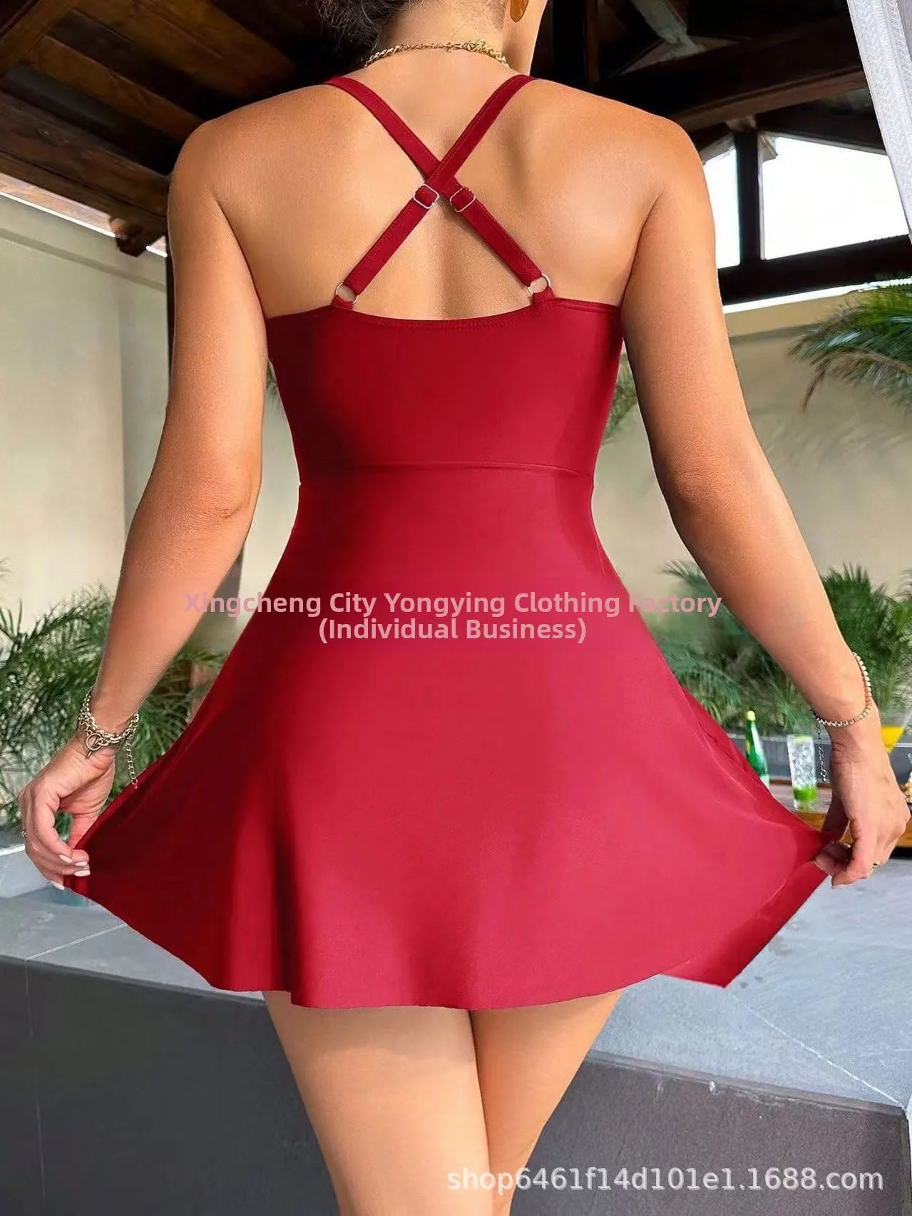 AMEHE Solid Color Cross-Back Waist-Cinched One-Piece Swimsuit Dress