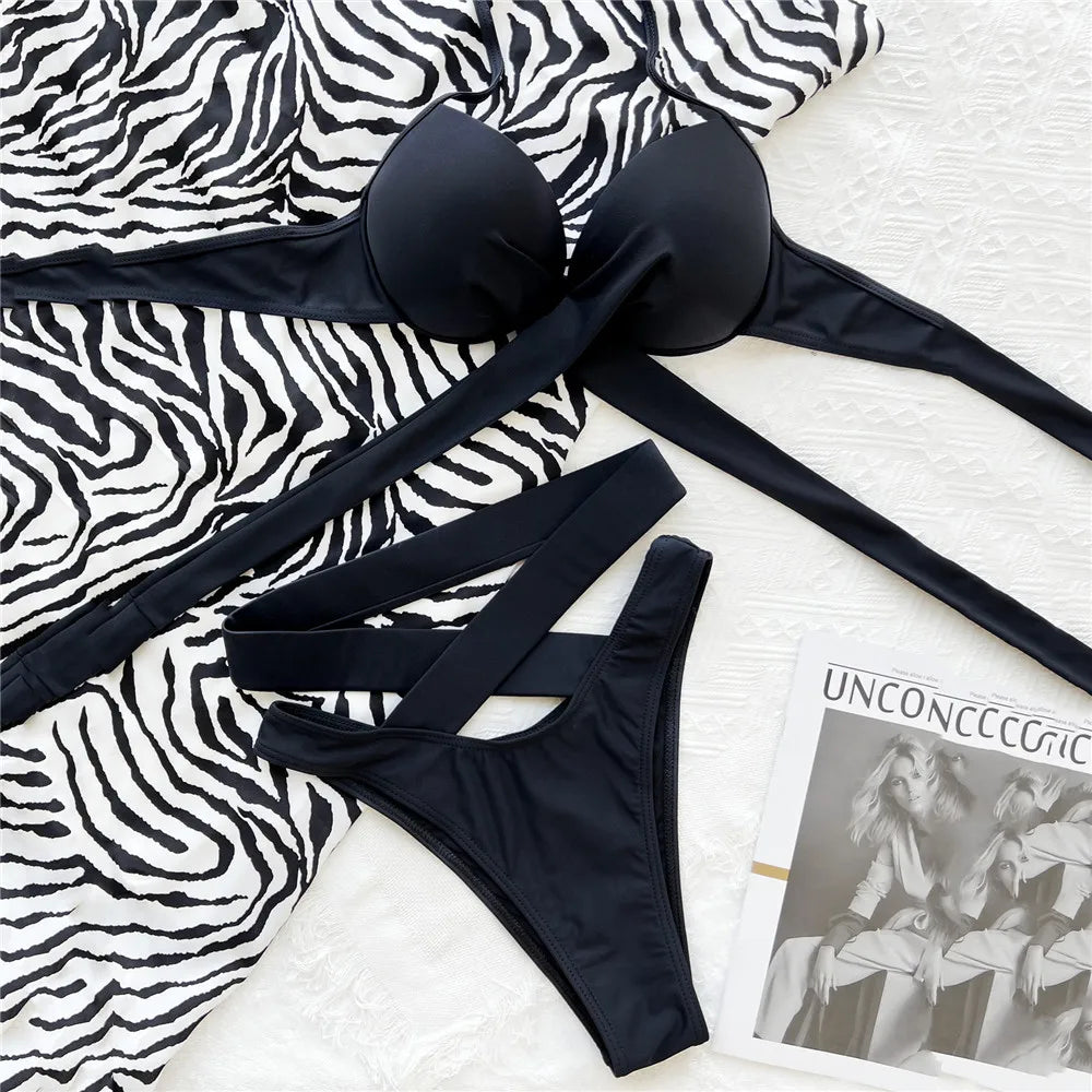 AMEHE Black High-Waisted Halter Push-Up Bikini Swimwear