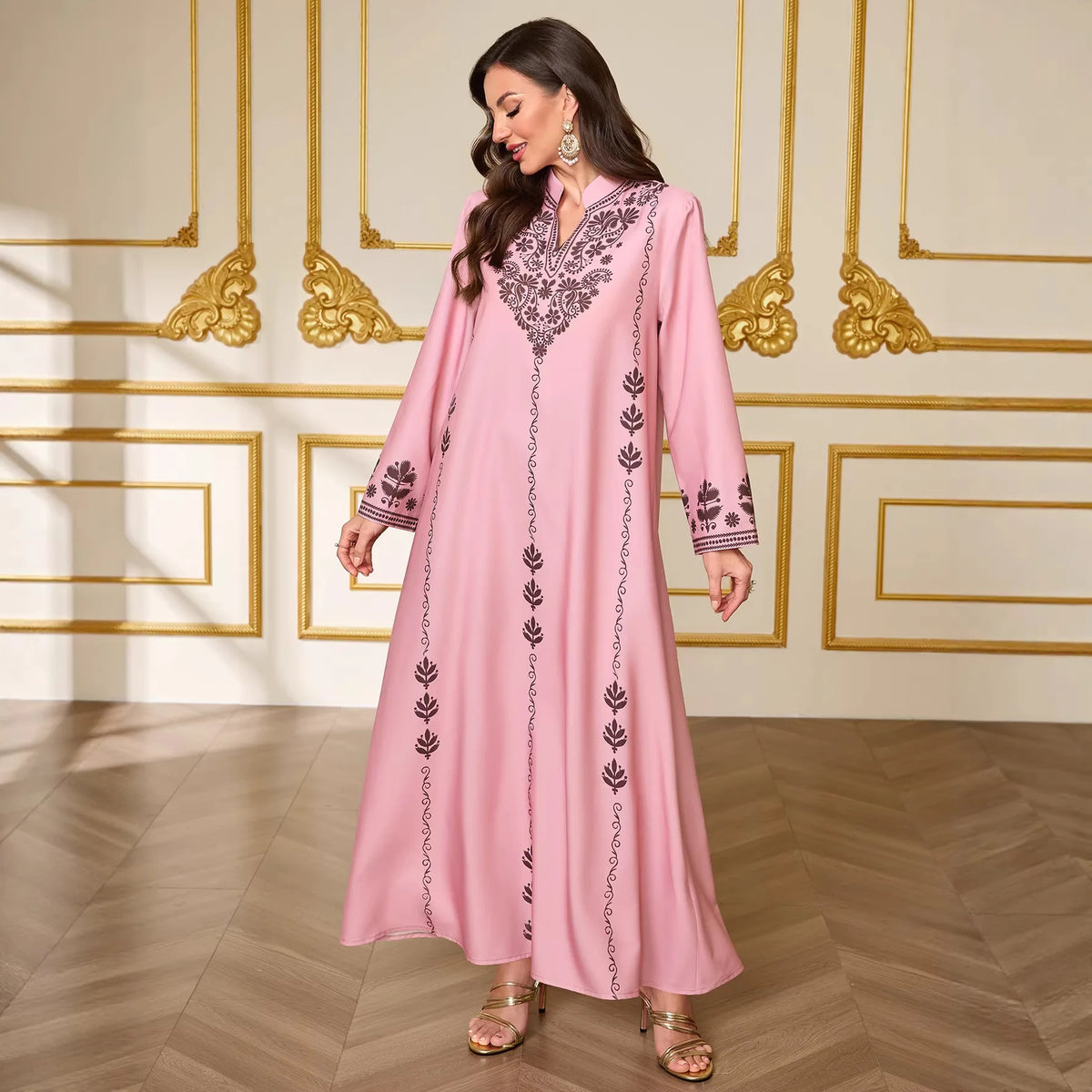Women’s Printed Dubai-Inspired Abaya Robe – Elegant V-Neck Long Modest Dress