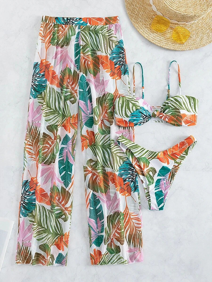 AMEHE 3-Piece Strappy Printed Bikini Set with Beach Pants