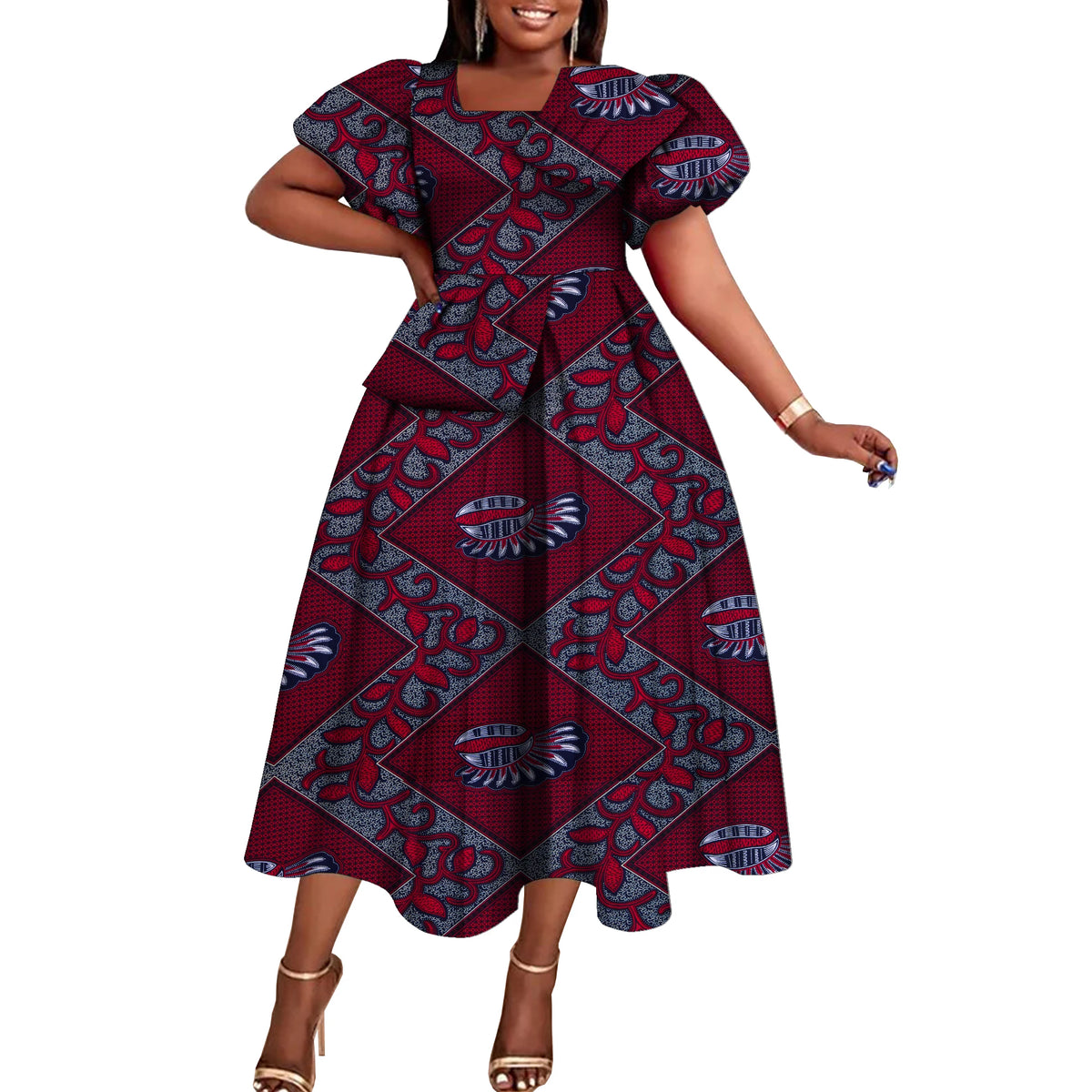 Women’s African Print Short Sleeve Dress – Elegant Dashiki-Inspired Party & Celebration Attire