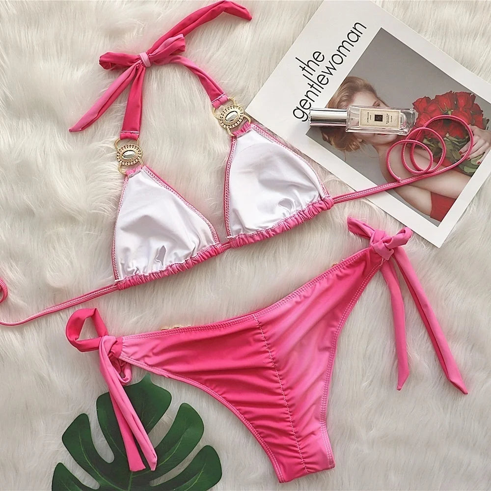 AMEHE Luxury Rhinestone Crystal Two-Piece Thong Bikini Swimsuit