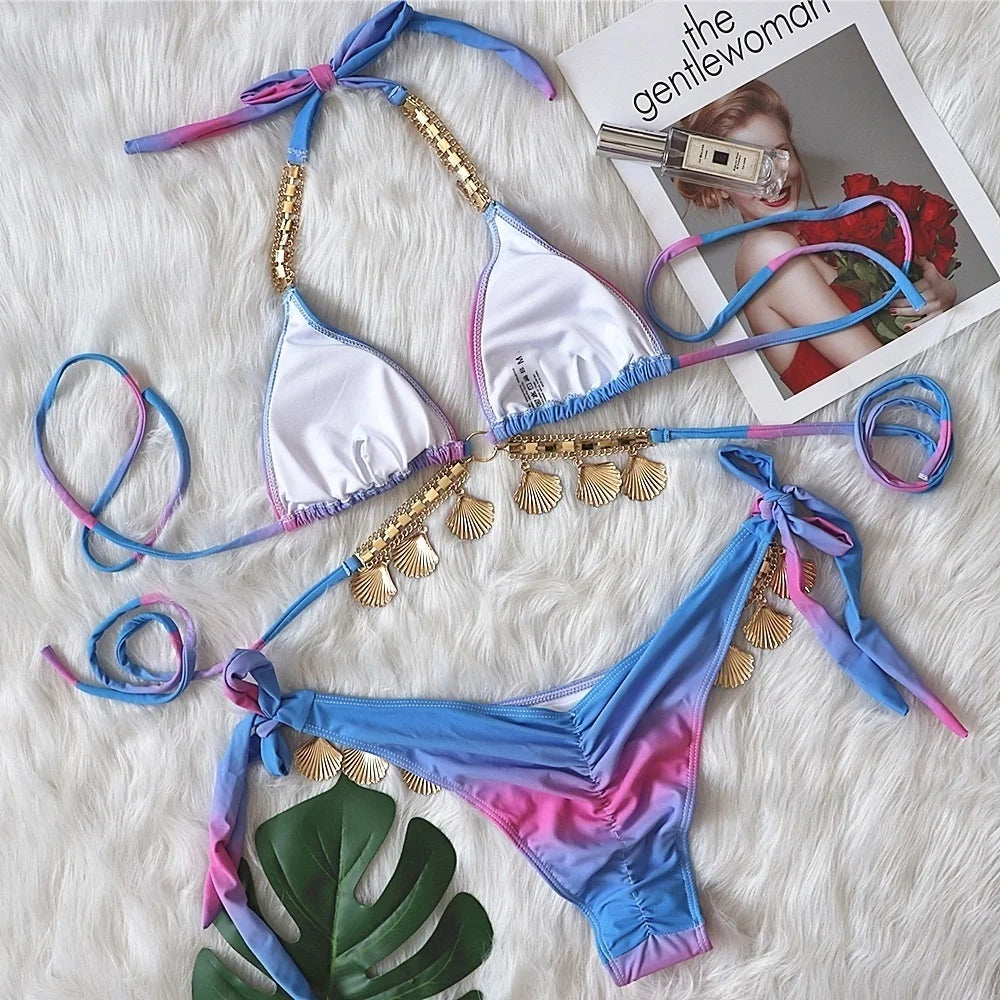AMEHE Luxury Rhinestone Crystal Two-Piece Thong Bikini Swimsuit