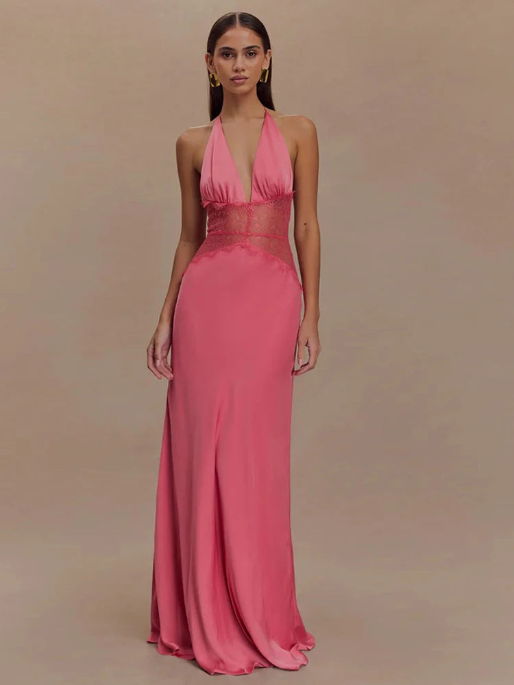 AMEHE Women's Lace Halter Deep V-Neck Backless Maxi Evening Dress