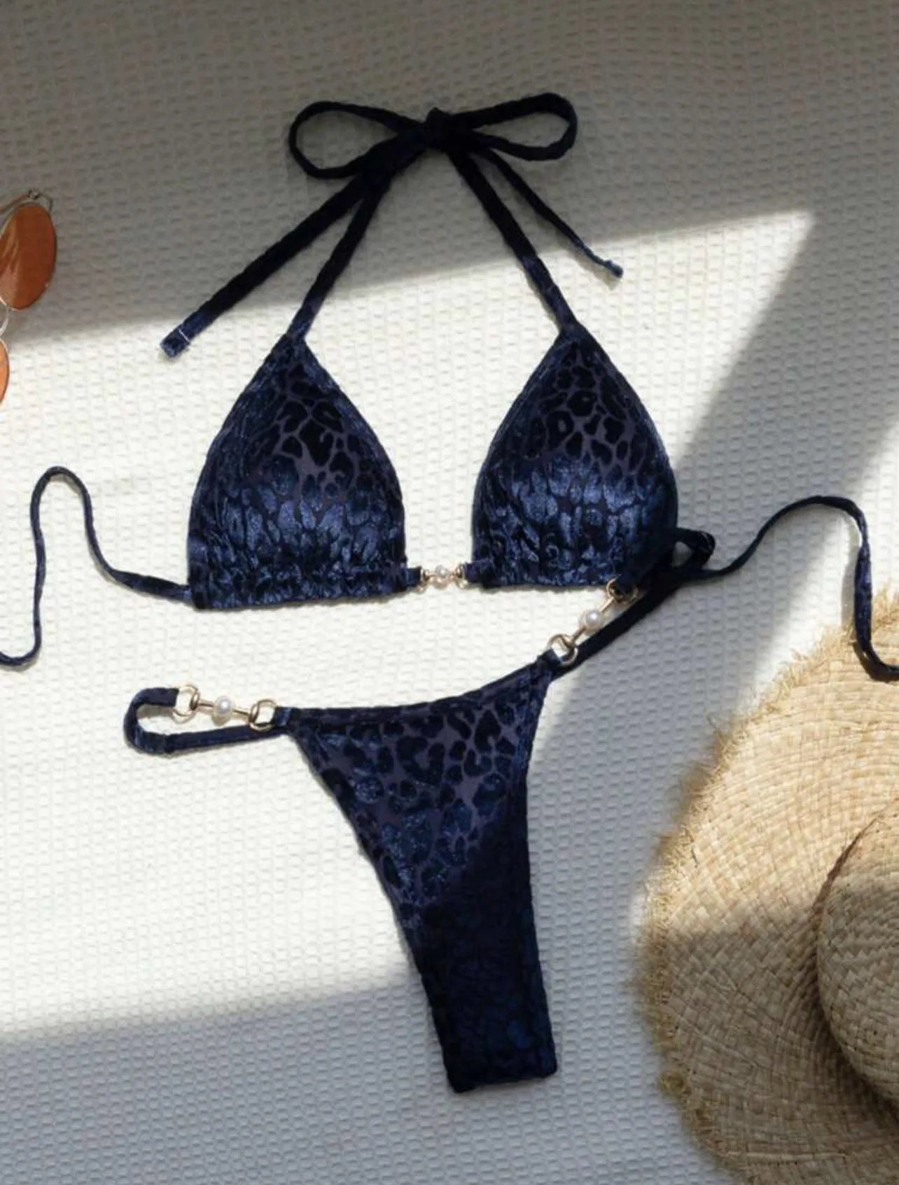 AMEHE Leopard Print Velvet Halter Two-Piece Bikini Swimsuit