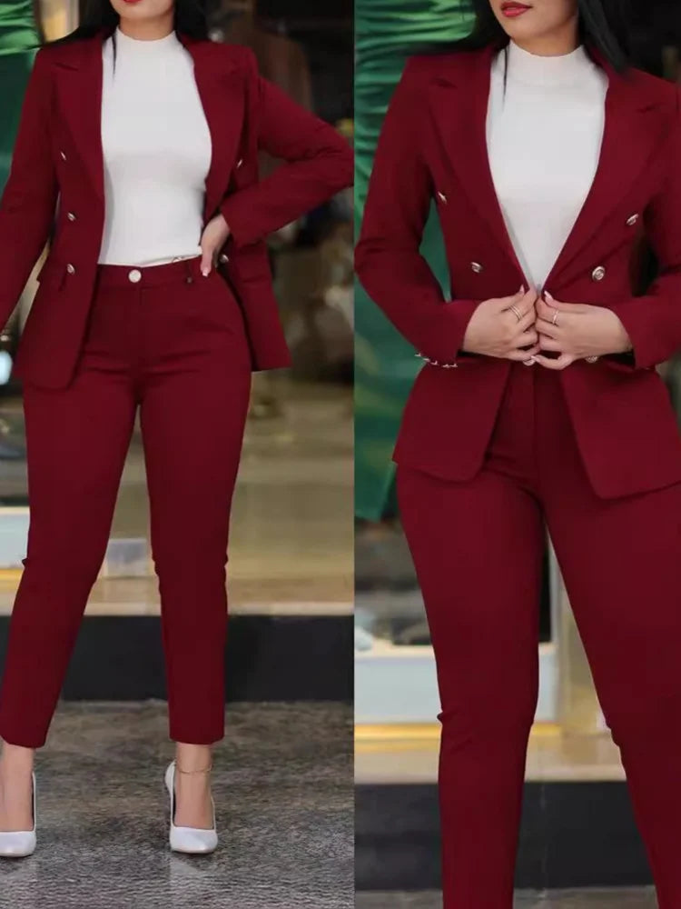 AMEHE Women’s Solid Color 2-Piece Suit – Blazer & Trousers