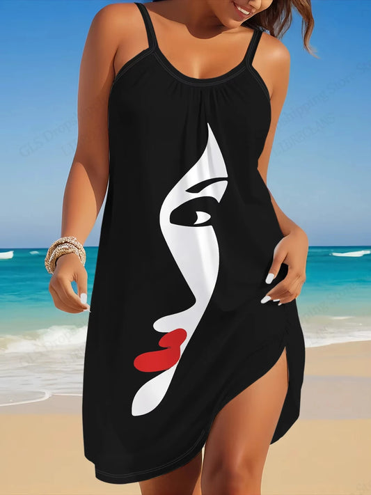 Women’s African Face Print Mini Sundress – Sleeveless Bohemian Beach Dress