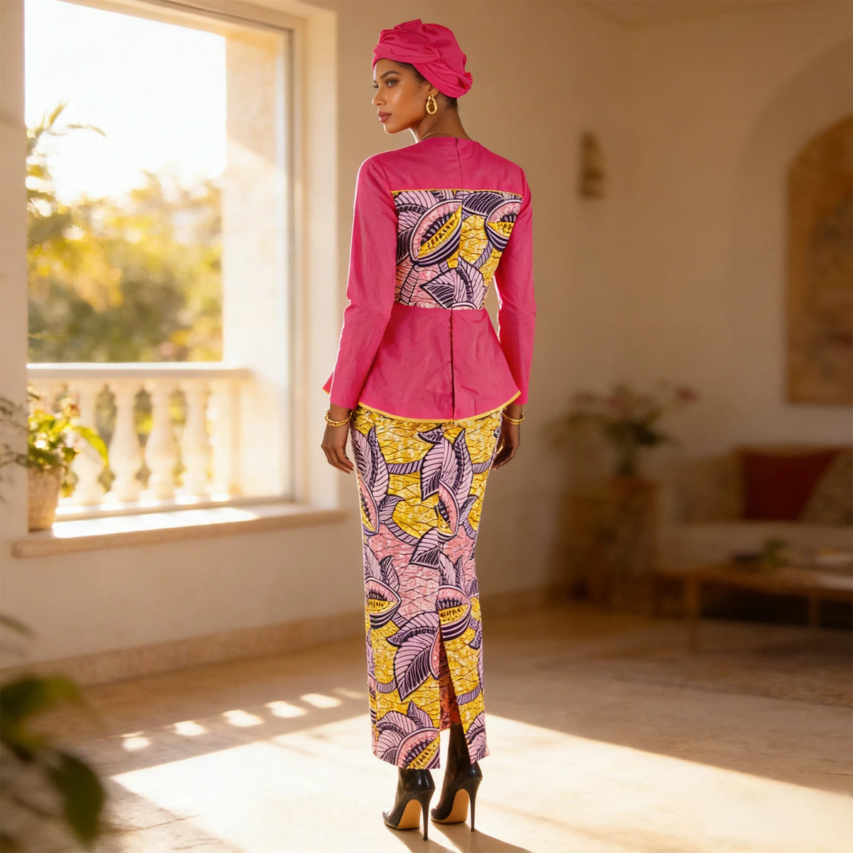 Women’s African Print Patchwork Gown with Headscarf – Elegant Wedding & Party Dress