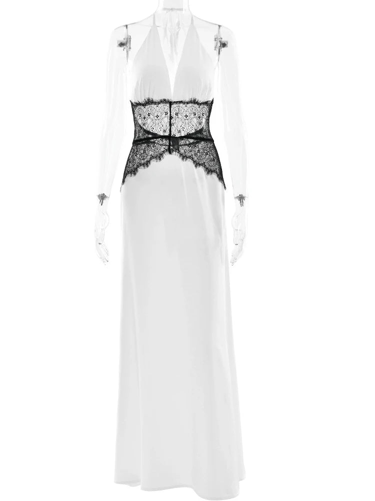 AMEHE Women's Lace Halter Deep V-Neck Backless Maxi Evening Dress