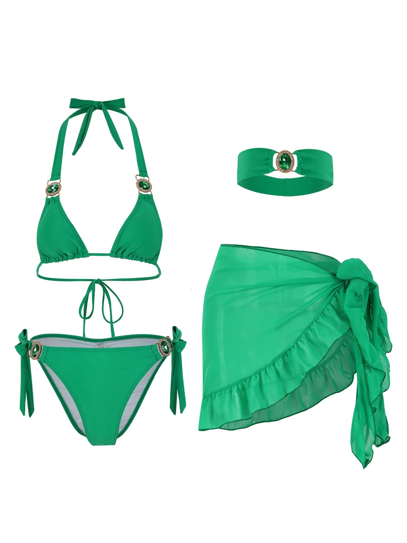 AMEHE Rhinestone Halter Bikini with Beach Skirt – 3-Piece Swimwear Set