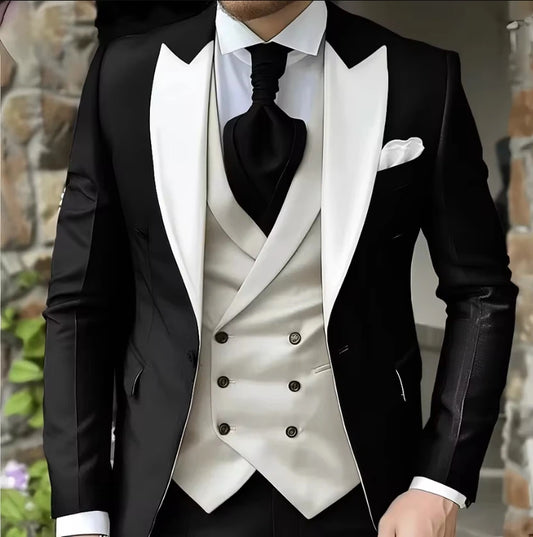 AMEHE Men’s White 3-Piece Tuxedo Suit – Blazer, Vest & Pants