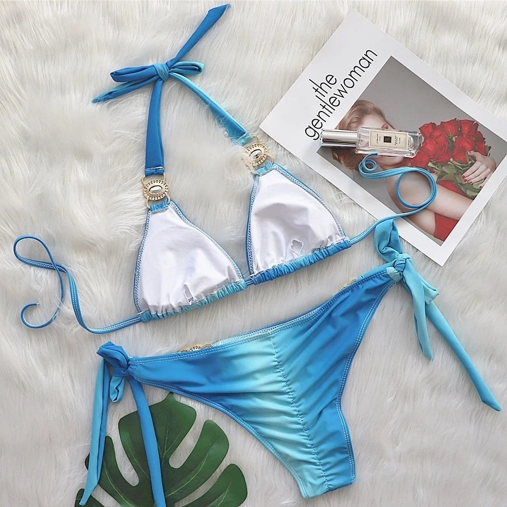 AMEHE Luxury Rhinestone Crystal Two-Piece Thong Bikini Swimsuit