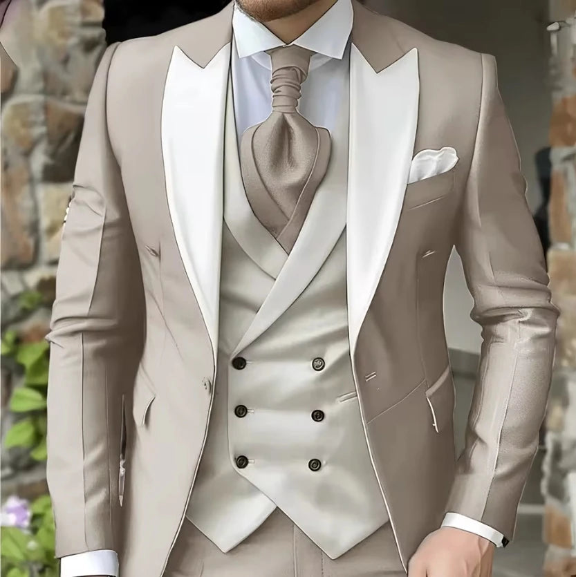 AMEHE Men’s White 3-Piece Tuxedo Suit – Blazer, Vest & Pants