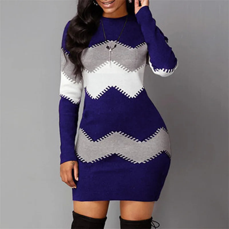 AMEHE Women's Rib Knit Patchwork Turtleneck Mini Sweater Dress