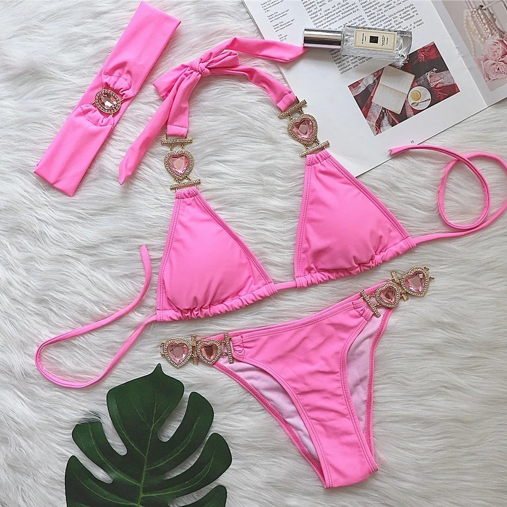 AMEHE Luxury Rhinestone Crystal Two-Piece Thong Bikini Swimsuit
