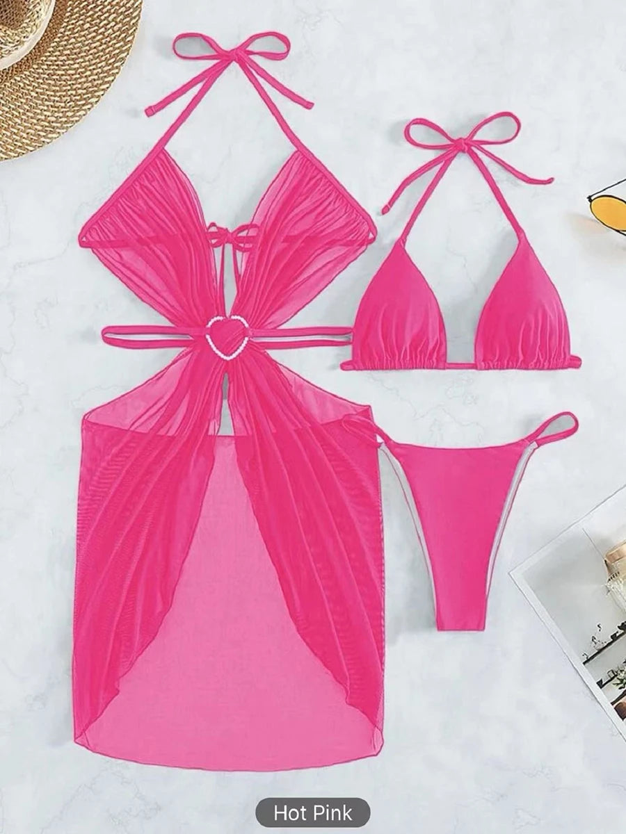 AMEHE 3-Piece Halter String Bikini Set with Cover-Up