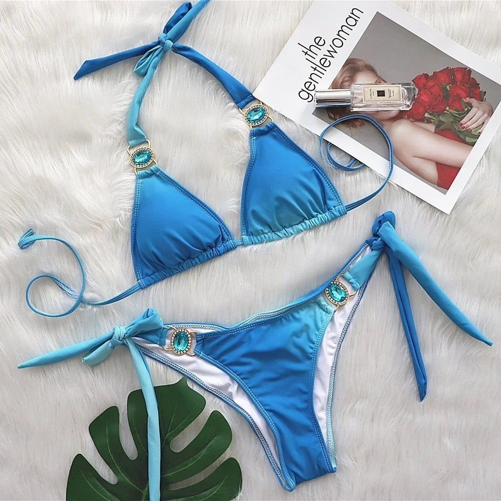 AMEHE Luxury Rhinestone Crystal Two-Piece Thong Bikini Swimsuit