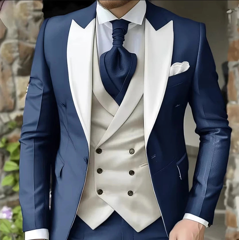 AMEHE Men’s White 3-Piece Tuxedo Suit – Blazer, Vest & Pants