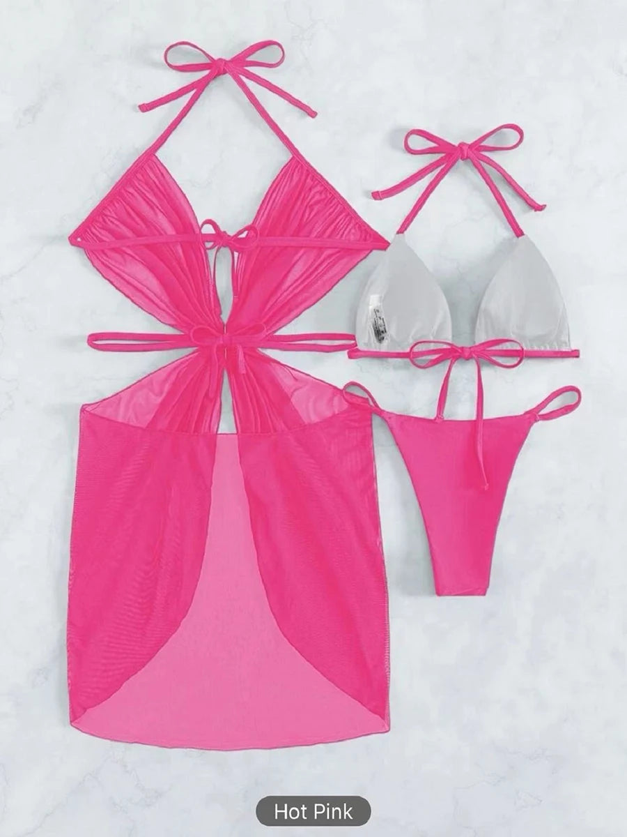 AMEHE 3-Piece Halter String Bikini Set with Cover-Up