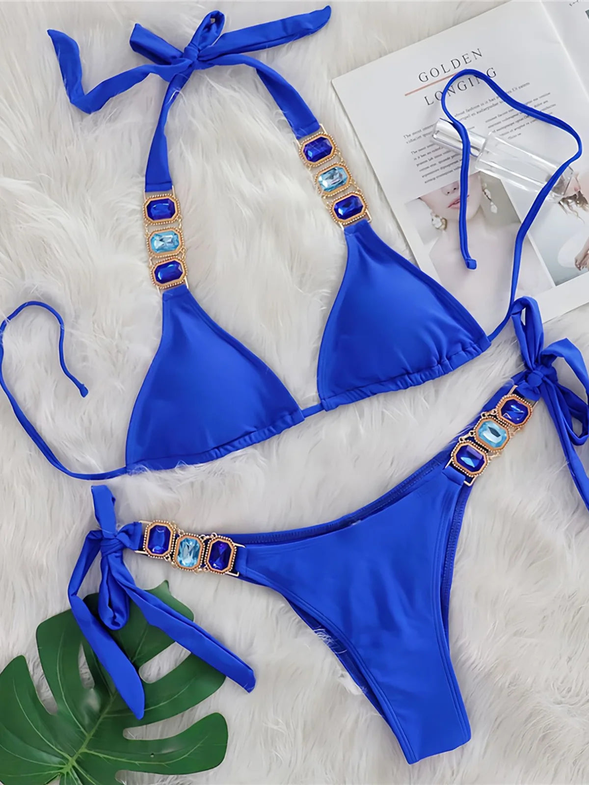 AMEHE Rhinestone Halter Two-Piece Bikini Swimsuit