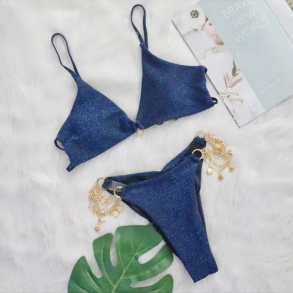 AMEHE Luxury Rhinestone Crystal Two-Piece Thong Bikini Swimsuit