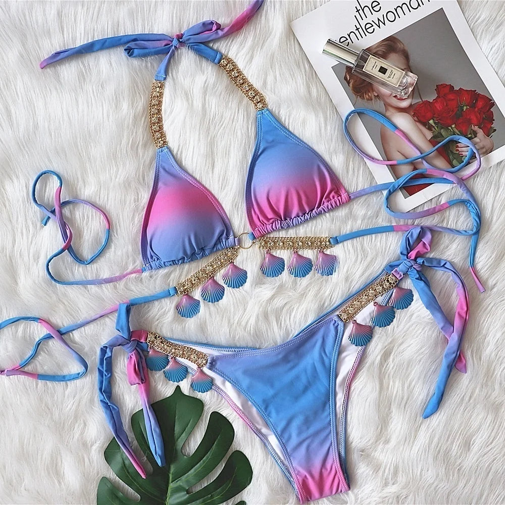 AMEHE Luxury Rhinestone Crystal Two-Piece Thong Bikini Swimsuit