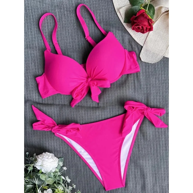 AMEHE Women's Classic Solid Color Push-Up Bandage Two-Piece Bikini