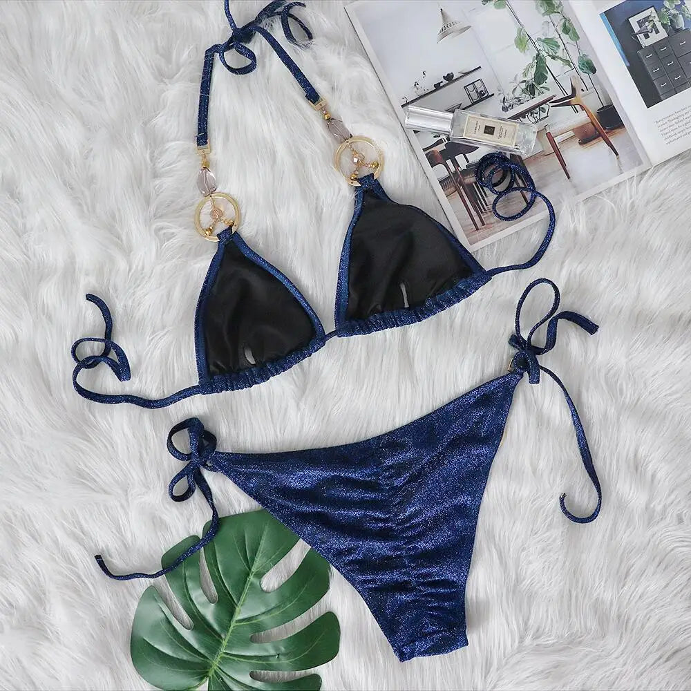 AMEHE Luxury Rhinestone Crystal Two-Piece Thong Bikini Swimsuit