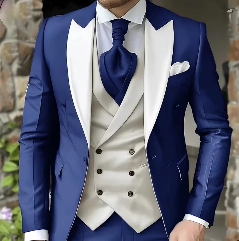 AMEHE Men’s White 3-Piece Tuxedo Suit – Blazer, Vest & Pants