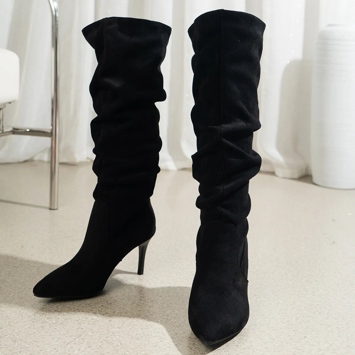 Ladies’ Suede Knee Boots – High Heels, Solid Color