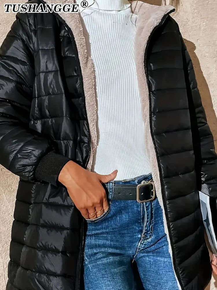 AMEHE Women's Hooded Mid-Length Fleece-Lined Winter Coat