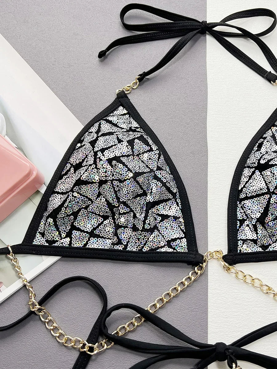 AMEHE Sequin Halter Bikini with Metal Chain Accents