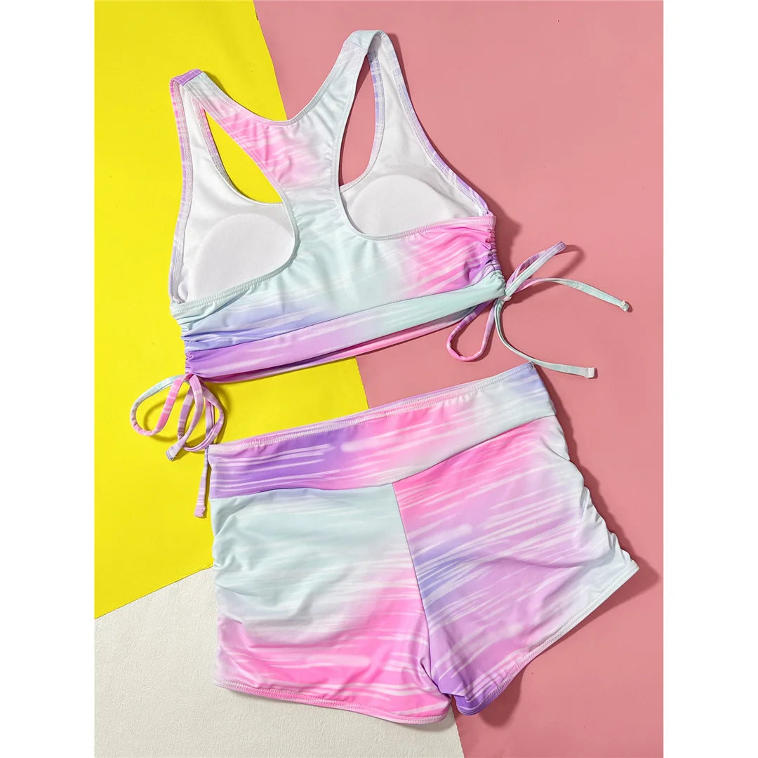 AMEHE Tie-Dye High-Waist Lace-Up Two-Piece Bikini Shorts Swimsuit