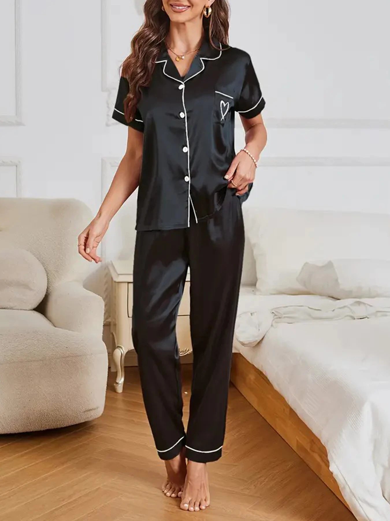 AMEHE Women's Satin Heart Embroidered Button-Up Pajama Lounge Set