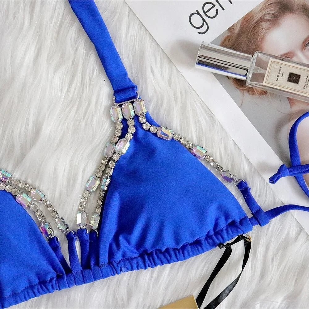 AMEHE Luxury Rhinestone Crystal Two-Piece Thong Bikini Swimsuit