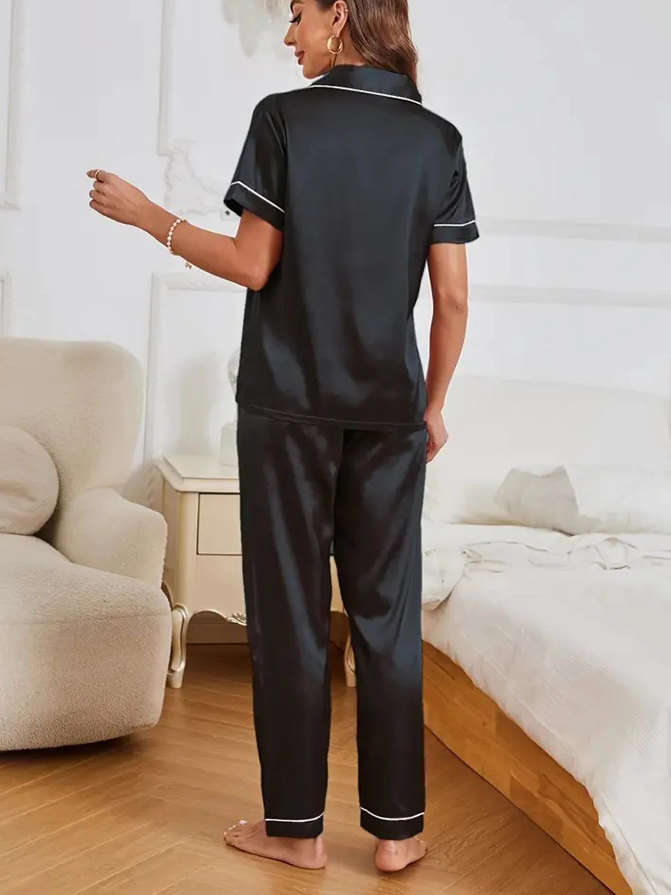 AMEHE Women's Satin Heart Embroidered Button-Up Pajama Lounge Set