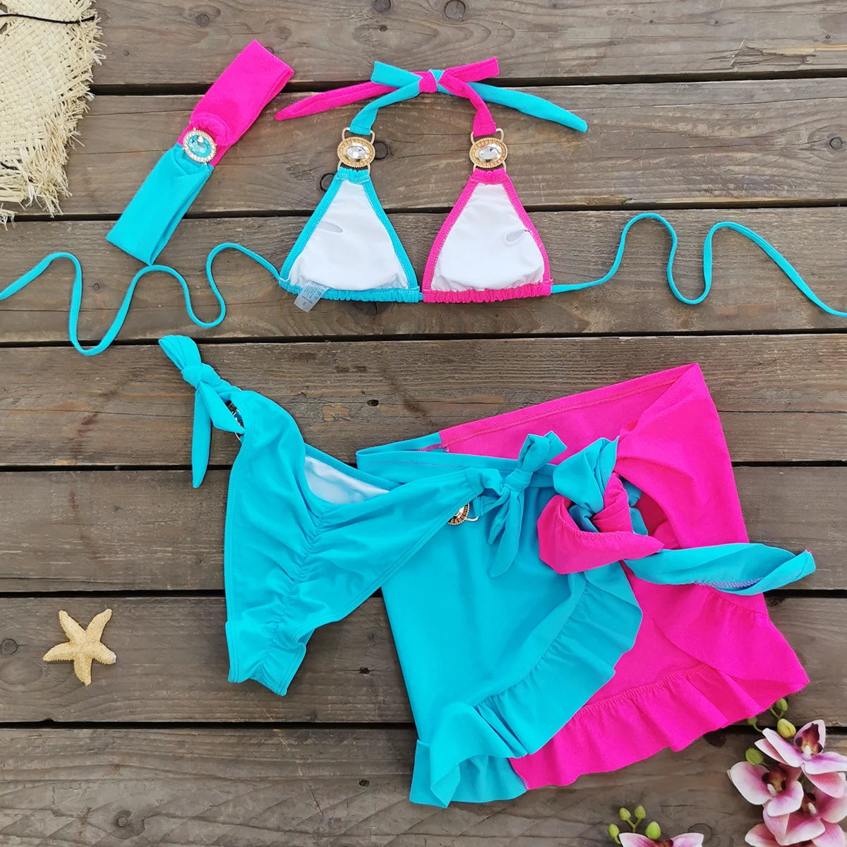 AMEHE Rhinestone Halter Bikini with Beach Skirt – 3-Piece Swimwear Set
