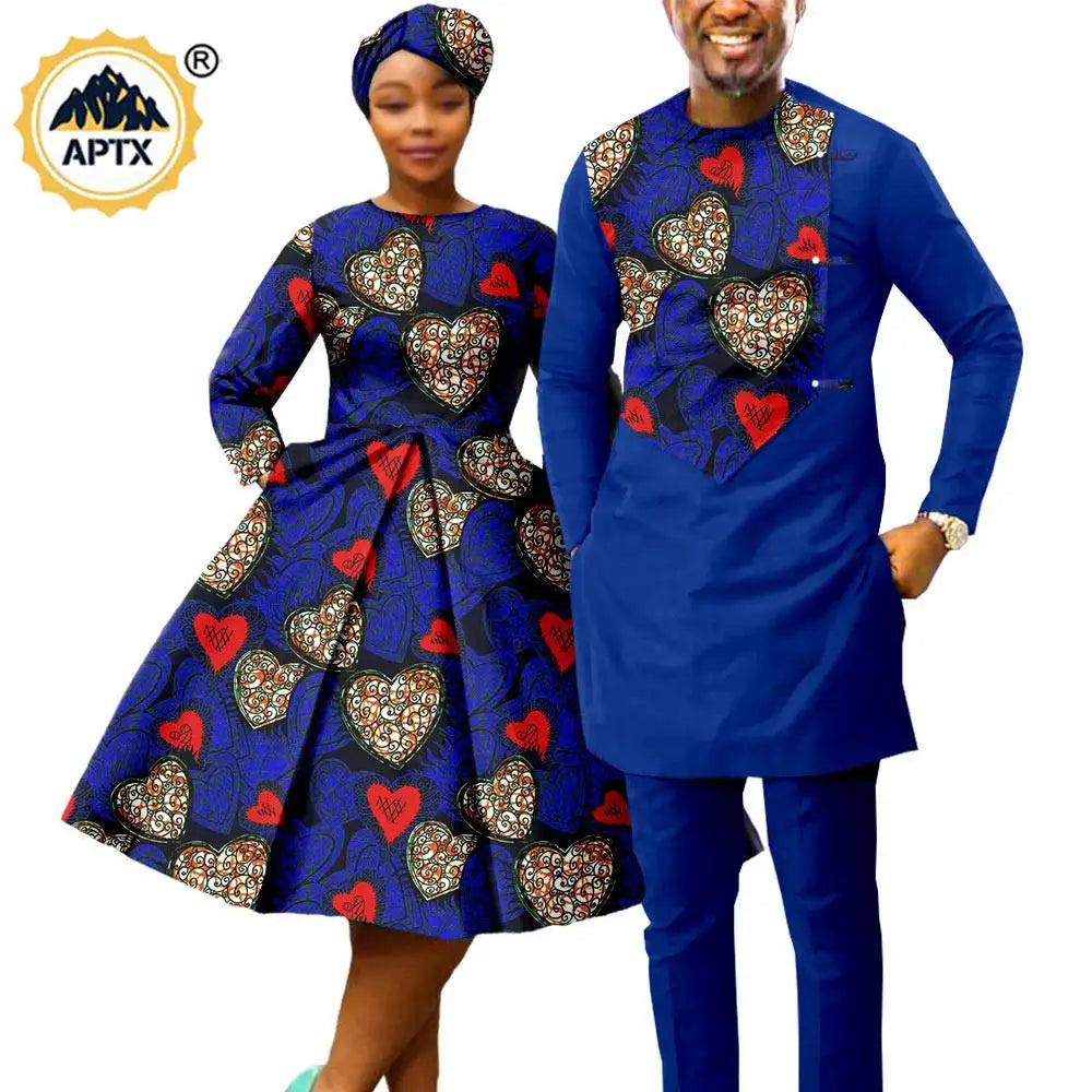 African Matching Couple Outfits – Women’s Print Dress & Headwrap with Men’s