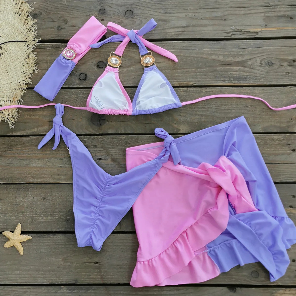 AMEHE Rhinestone Halter Bikini with Beach Skirt – 3-Piece Swimwear Set