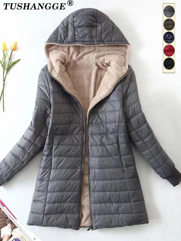 AMEHE Women's Hooded Mid-Length Fleece-Lined Winter Coat