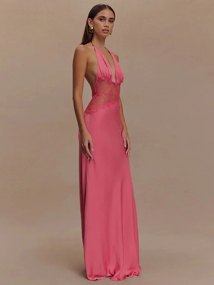 AMEHE Women's Lace Halter Deep V-Neck Backless Maxi Evening Dress