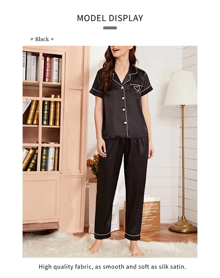 AMEHE Women's Satin Heart Embroidered Button-Up Pajama Lounge Set
