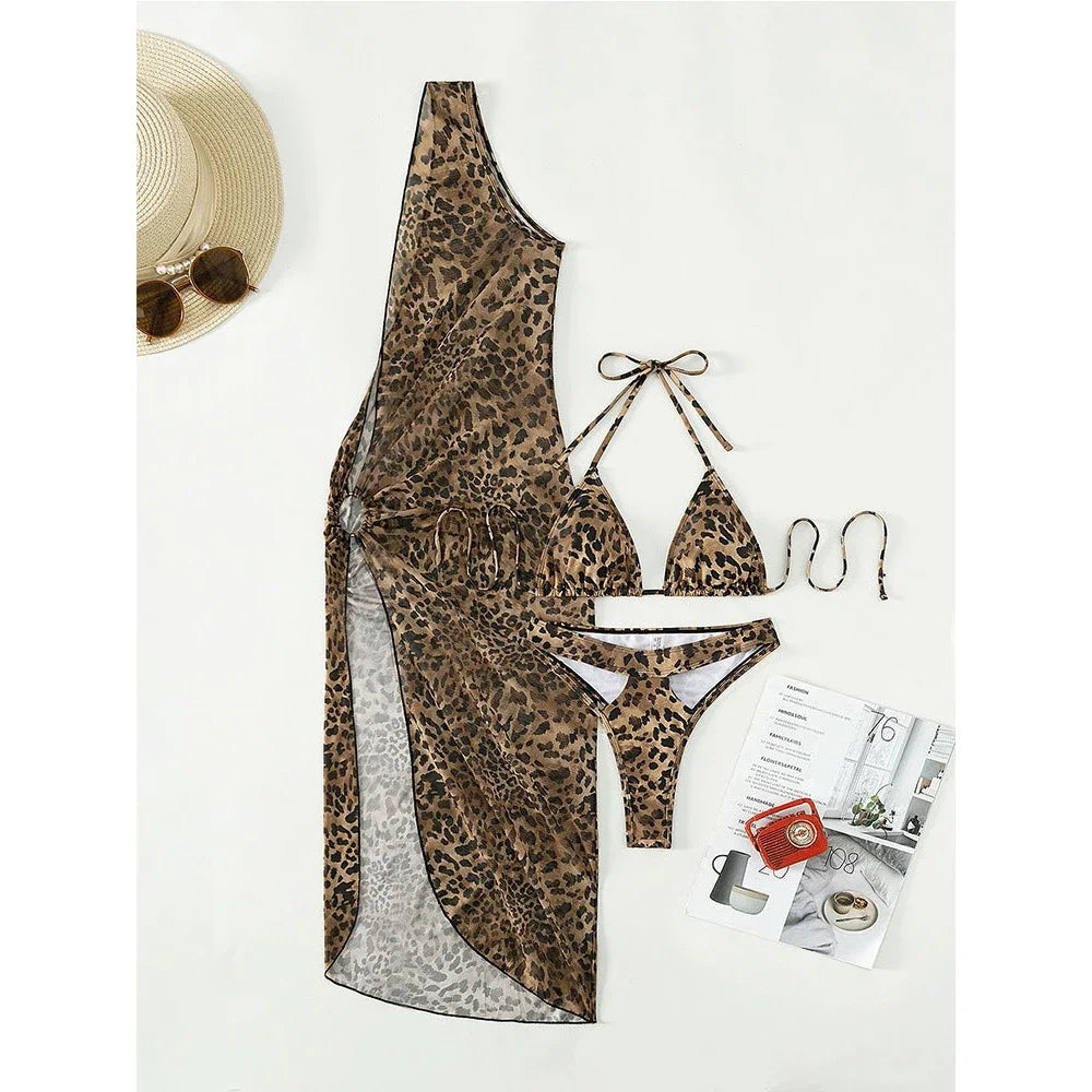 AMEHE 3-Piece Leopard Print Bikini with Mesh Beach Skirt